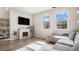 Cozy living room with a modern fireplace, a comfortable gray couch, and natural light from large windows at 16251 E 47Th Pl, Denver, CO 80239