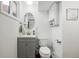 Bathroom featuring a gray vanity, modern fixtures, and a wall cabinet for storage at 1818 South Union Ct, Lakewood, CO 80228