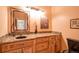 Bathroom with vanity, granite countertop, modern fixtures, decorative mirror, and neutral color scheme at 9875 Greensview Cir, Lone Tree, CO 80124