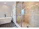 Modern bathroom featuring a soaking tub, glass-enclosed shower, and stylish tile work at 4728 S Acoma St, Englewood, CO 80110