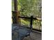 Outdoor patio with table, metal railing and wooded view at 34 Highfield Trl # 212, Breckenridge, CO 80424