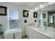 Clean bathroom with double vanity and large window offering great light at 4754 N Joplin St, Denver, CO 80239