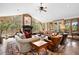 Spacious living room with a fireplace, lots of seating, and an amazing view of the surrounding forest at 10231 Democrat Rd, Parker, CO 80134