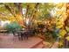 Wonderful backyard deck features dining table and seating surrounded by large trees and lush landscaping at 1800 S Niagara Way, Denver, CO 80224