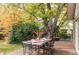 Backyard patio with a dining table set and a large tree providing shade and natural beauty at 1800 S Niagara Way, Denver, CO 80224