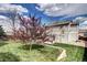 Landscaped backyard with trees, a patio area, and a partial view of the home's exterior at 10554 Tracewood Cir, Highlands Ranch, CO 80130