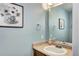 Bathroom features blue walls, a framed floral print, and a sink with vanity at 10554 Tracewood Cir, Highlands Ranch, CO 80130