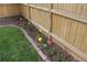 Backyard flower bed featuring tulips, mulch, brick edging, and a wooden fence at 1395 S Josephine St, Denver, CO 80210