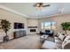 Bright living room showcasing the fireplace, window view, and stylish decor at 4689 Coltin Trl, Castle Rock, CO 80104