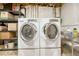 Convenient laundry area features modern front loading washing machine and dryer with shelving at 9662 Newcastle Dr, Highlands Ranch, CO 80130