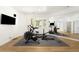 Bright home gym featuring modern exercise equipment, wood floors, a large mirror, and a flat screen television at 10914 Remmick Ridge Rd, Parker, CO 80134