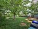 Overgrown backyard featuring a mature tree and a small wooden deck or patio area at 1717 Oswego St, Aurora, CO 80010