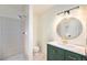 Updated bathroom featuring a new vanity, modern fixtures, and a walk-in shower at 1244 S Wright St, Lakewood, CO 80228