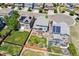 An aerial shot shows a backyard with a firepit, pergola, a lush lawn, and a wooden fence at 13822 Worthington Pl, Parker, CO 80134