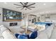 Open-concept living room showcasing modern fireplace, adjacent kitchen, and comfortable sectional seating at 14373 Shasta Daisy Pt, Parker, CO 80134