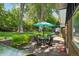 Back patio with dining area surrounded by lush landscaping and mature trees at 13140 W 15Th Dr, Golden, CO 80401