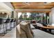 Cozy living room with a plush sectional sofa, wooden ceiling, and outdoor patio access at 4181 S Ivy Ln, Cherry Hills Village, CO 80111