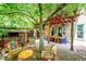 Secluded backyard showcasing mature trees, colorful seating, and outdoor dining area with covered patio at 807 9Th St, Golden, CO 80401