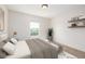 Serene bedroom with a large window, floating shelves, a plant and neutral decor at 3225 Rinn Valley Dr, Longmont, CO 80504