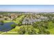 Aerial view showcasing the townhomes with a golf course, pond, and scenic neighborhood at 2945 W Riverwalk Cir # B, Littleton, CO 80123