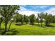 Scenic view of the lush green golf course featuring mature trees and well maintained fairways under a blue sky at 2945 W Riverwalk Cir # B, Littleton, CO 80123
