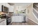 Modern kitchen featuring stainless steel appliances, granite countertops and white cabinets at 2945 W Riverwalk Cir # B, Littleton, CO 80123