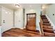 Inviting foyer with hardwood floors, a coat rack, and staircase, creating a warm entry at 2023 S Rifle St, Aurora, CO 80013