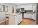 Well-lit kitchen with center island, white cabinetry, stainless steel appliances, and hardwood floors at 675 Dahlia St, Denver, CO 80220