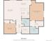 Detailed floor plan showcasing the layout of the living room, bedroom, kitchen, and dining area at 5677 S Park Pl # A102, Englewood, CO 80111