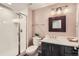 Modern bathroom with sleek glass shower, elegant vanity, and stylish fixtures, for a spa-like experience at 16685 Trail Sky Cir, Parker, CO 80134