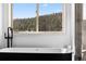 Modern bathroom featuring a freestanding tub and large window with views of a forest at 30455 Telluride Ln, Evergreen, CO 80439