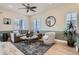 Bright living room with a ceiling fan, a comfortable sofa, and natural light from the windows at 821 S High St, Denver, CO 80209