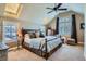 Relaxing main bedroom with a skylight, ceiling fan, and a view of the outdoors at 821 S High St, Denver, CO 80209