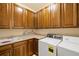Well-lit laundry room with ample cabinet storage, sink, counter space, and washer/dryer at 22166 E Chestnut Pl, Aurora, CO 80016