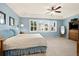 Bright main bedroom with blue walls, carpet flooring, and big windows at 22166 E Chestnut Pl, Aurora, CO 80016