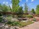 Beautiful backyard with a serene pond, wooden bridge, lush landscaping, and a charming playhouse at 3138 E Otero Cir, Centennial, CO 80122
