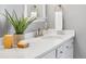 Bathroom boasts a marble countertop, bronze fixtures, and a decorative plant on the counter at 1065 Jackson St, Denver, CO 80206