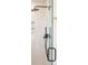 Glass shower with white tiles, and black rainfall shower head at 1048 Knox Ct, Denver, CO 80204