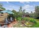 Landscaped backyard with an umbrella, chairs, stone accents and garden at 11835 W 37Th Pl, Wheat Ridge, CO 80033