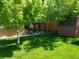 Green backyard with lush lawn, shed and a patio dining set surrounded by trees at 2860 Ames St, Wheat Ridge, CO 80214