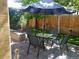 Outdoor patio with seating, dining table with umbrella, and wooden fence at 2860 Ames St, Wheat Ridge, CO 80214