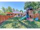 Spacious, fenced backyard features lush lawn, mature trees, and a play area at 2337 S Franklin St, Denver, CO 80210