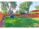 Large backyard featuring well-maintained lawn, mature trees, a privacy fence, and a play structure at 2337 S Franklin St, Denver, CO 80210
