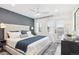 Serene main bedroom featuring a large bed, a navy accent wall, and natural light from the windows at 5128 W 26Th Ave # 208, Denver, CO 80212