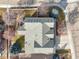 An aerial view of a well-maintained roof with multiple gables and mature trees surrounding the home at 8775 Wild Horse Way, Frederick, CO 80504