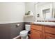 Well-lit powder room with a decorative shelf and neutral color scheme at 8775 Wild Horse Way, Frederick, CO 80504