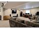 Finished basement features large seating area, entertainment center, and home office at 26554 E Indore Ave, Aurora, CO 80016