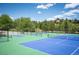 Well-maintained tennis courts surrounded by mature trees, providing a picturesque and active recreational space at 23585 Genesee Village Rd # E, Golden, CO 80401