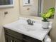 Close up of a bathroom sink with a white countertop, dark cabinetry, and a decorative plant at 4484 S Granby Ct, Aurora, CO 80015