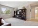 Spacious bonus room with built-in shelving, large TV, and a comfortable couch at 3102 Fox Sedge Pl, Highlands Ranch, CO 80126